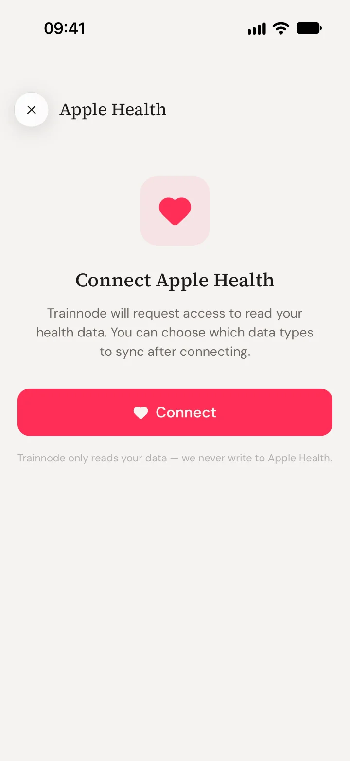 The Apple Health screen in the Trainnode app with a Connect button and a note that Trainnode only reads your data.