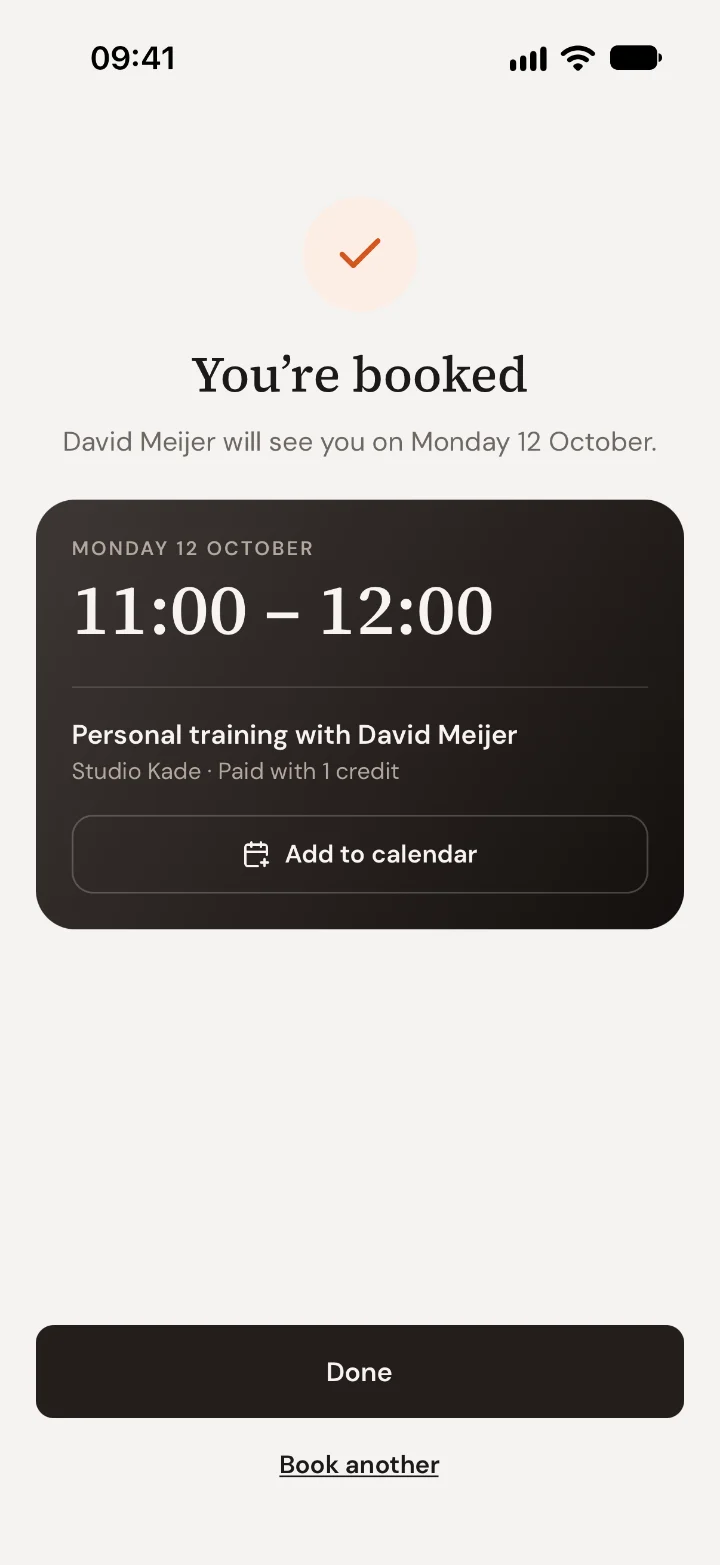 You're booked: Monday 12 October, 11:00 to 12:00, with an Add to calendar button.