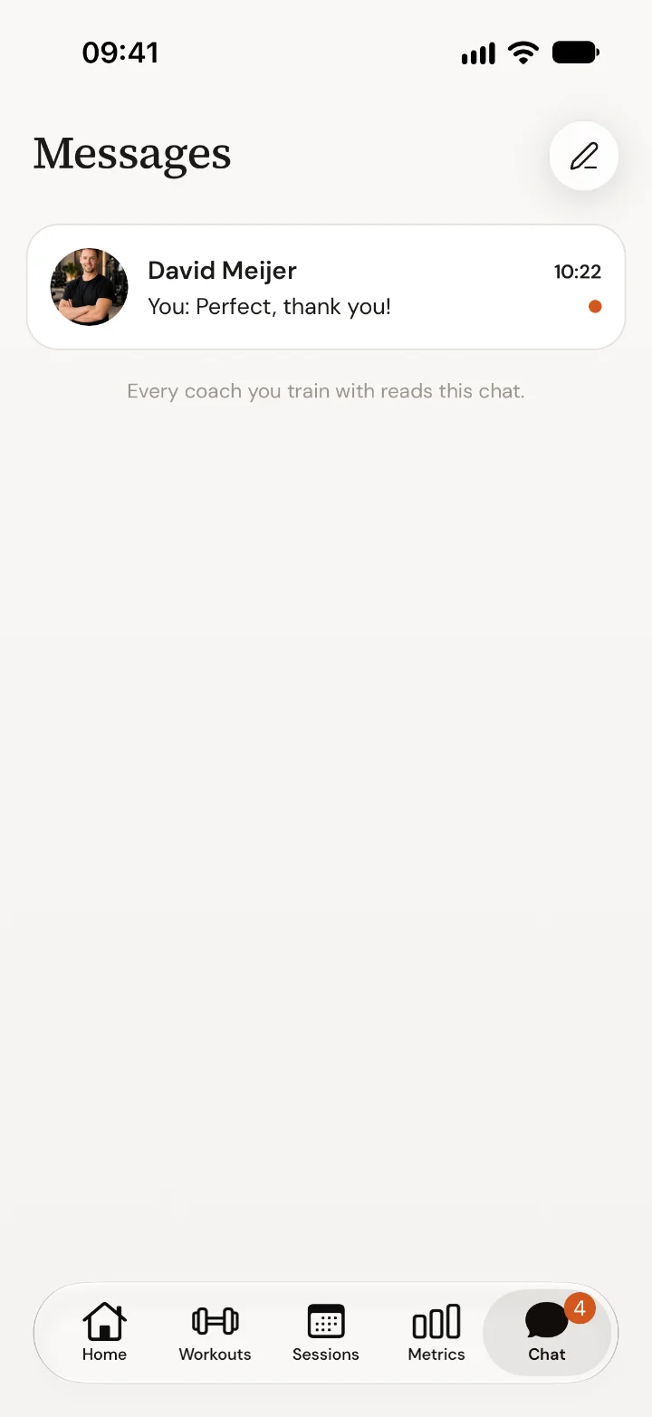 The Messages screen in the Trainnode app with the conversation with David Meijer.