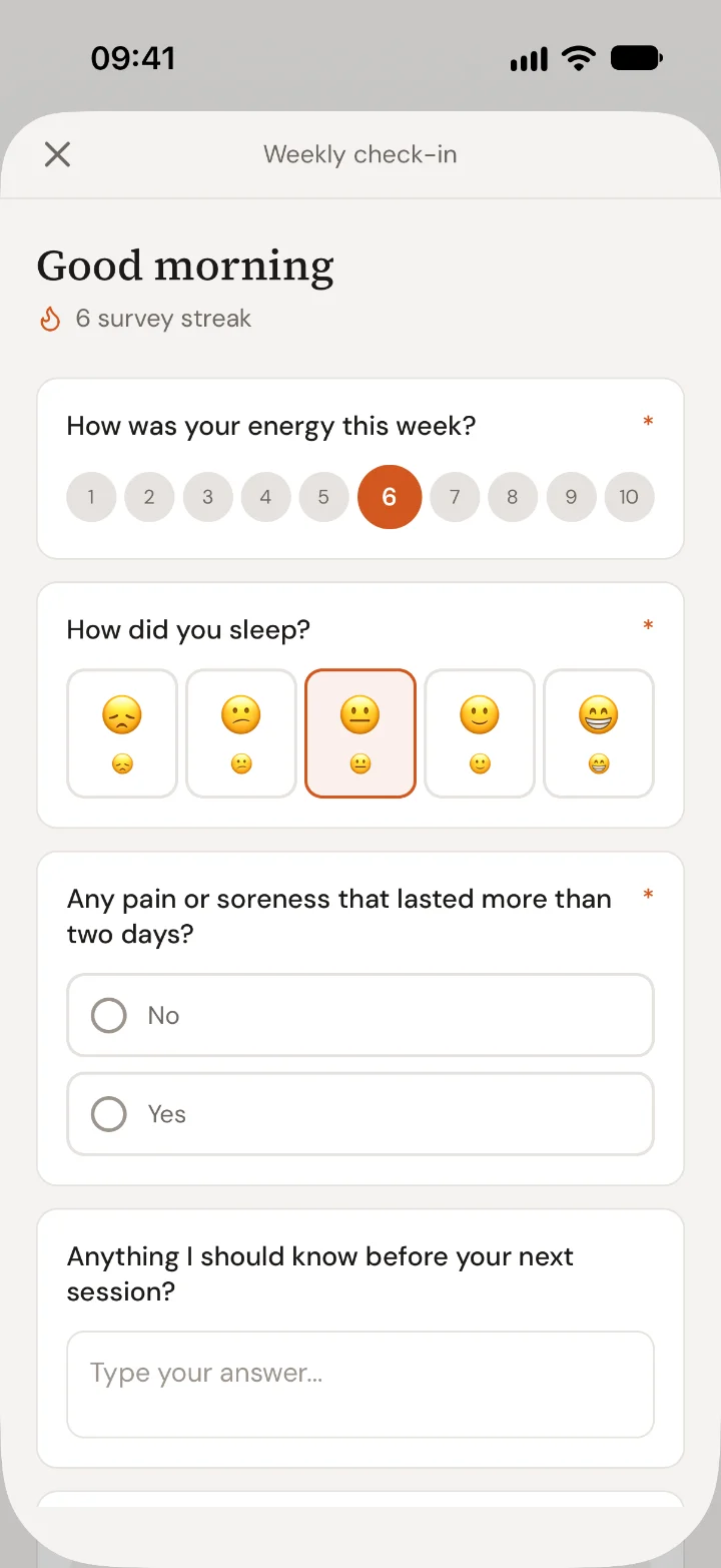 The weekly check-in: energy from 1 to 10, sleep as five faces, and a question about pain.