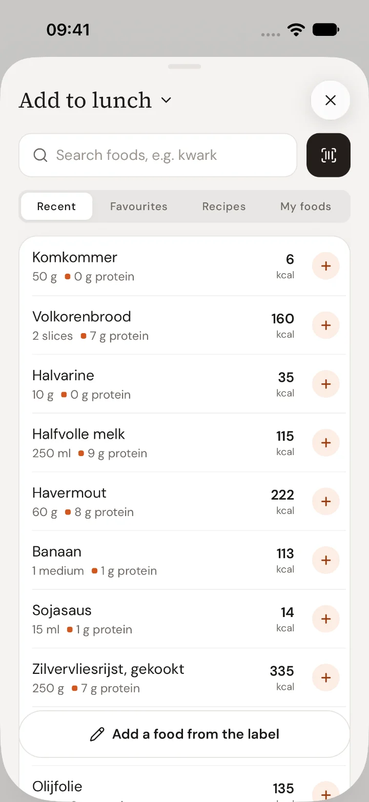 The Add food sheet in the app, Recent tab: foods you logged before, such as Volkorenbrood 2 slices and Havermout, one tap each.