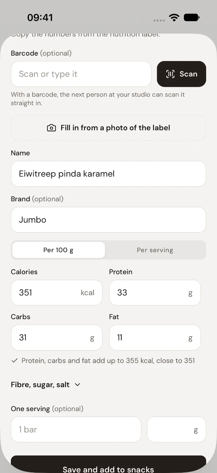 The Add a product form in the app: a Jumbo protein bar with its numbers per 100 g, and a check that protein, carbs and fat add up to the energy.