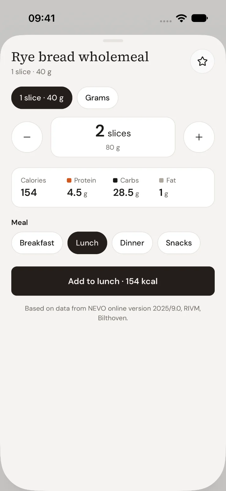 Choosing an amount in the app: rye bread counted as 2 slices (80 g), 154 kcal, with the Add to lunch button.