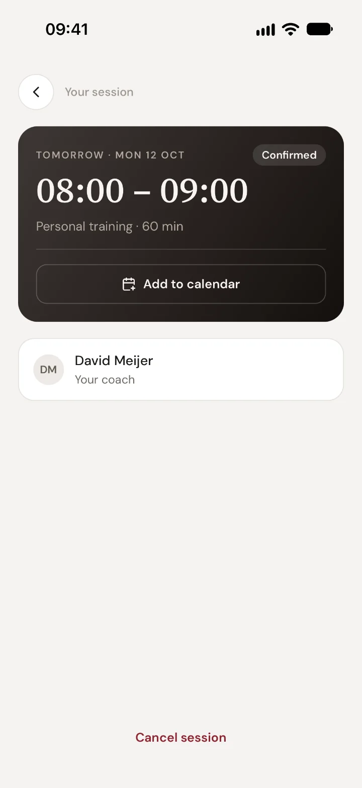 A booked session in the Trainnode app: tomorrow 08:00 to 09:00 personal training, with Add to calendar and Cancel session.