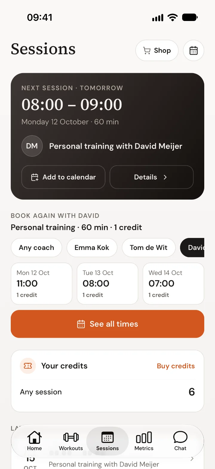 The Sessions screen in the Trainnode app with the next session tomorrow at 08:00, quick times to book again, and the credits left.