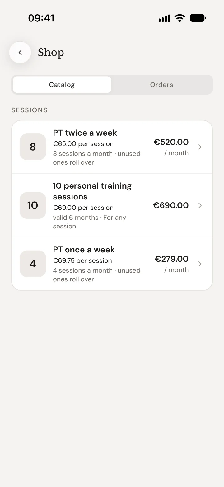 The shop in the Trainnode app listing PT twice a week at €520 a month, 10 personal training sessions at €690 and PT once a week at €279 a month.