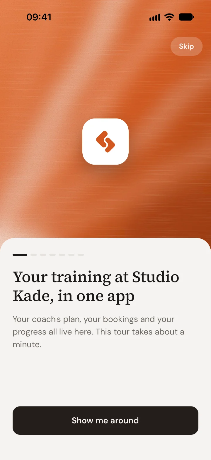 The first screen of the tour: Your training at Studio Kade, in one app.