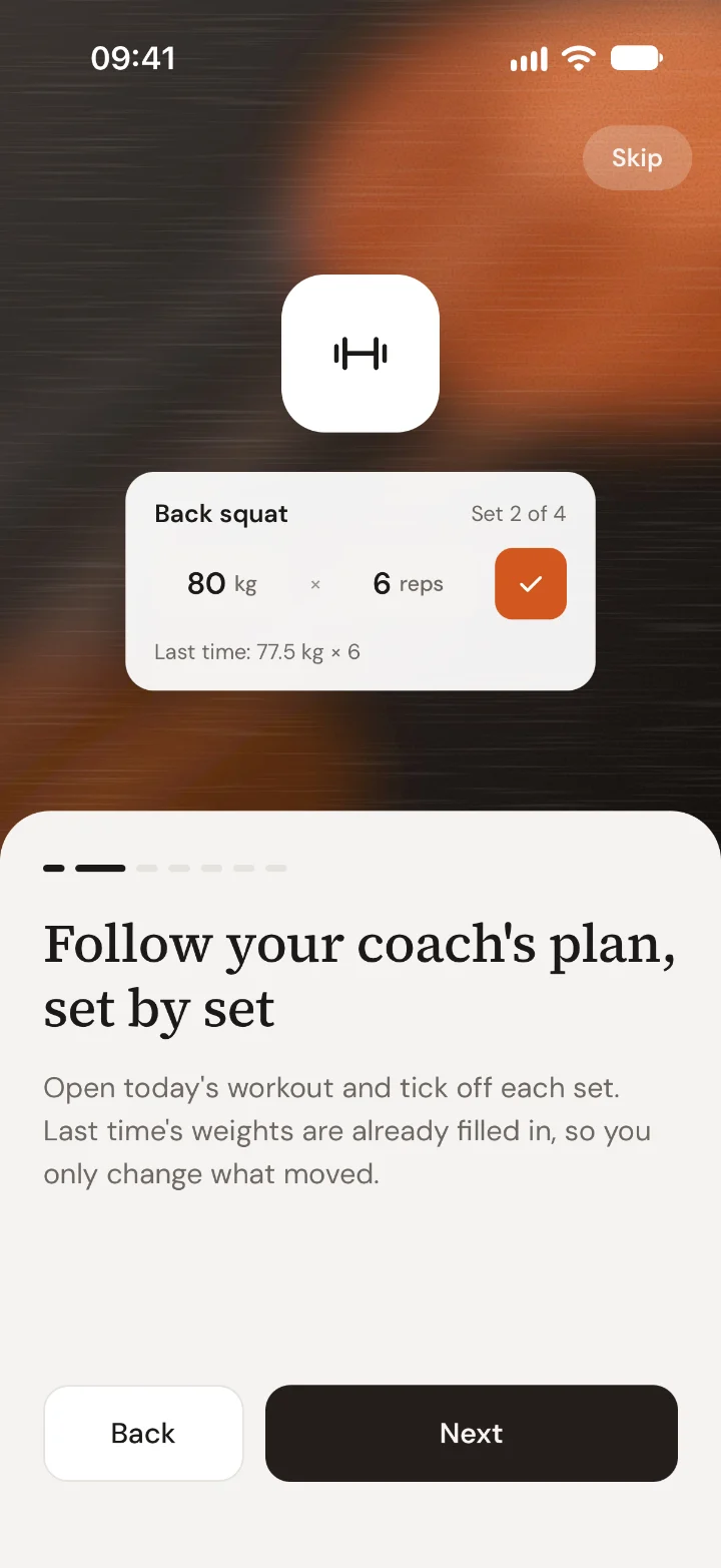 The tour explaining workouts: follow your coach's plan, set by set.
