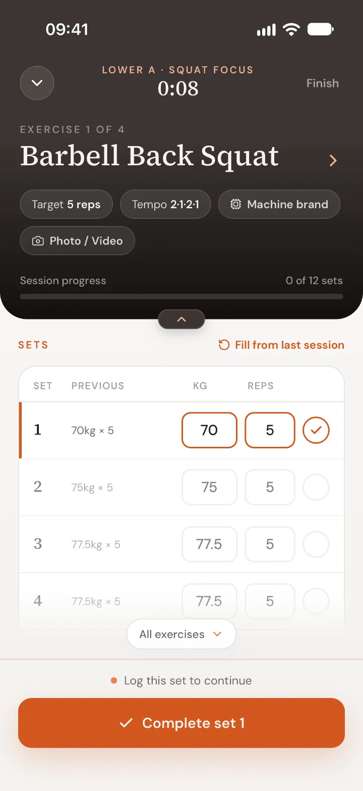 A workout in the Trainnode app: Barbell Back Squat, set one of four at 70 kg for 5 reps with last time’s sets listed beside each set.