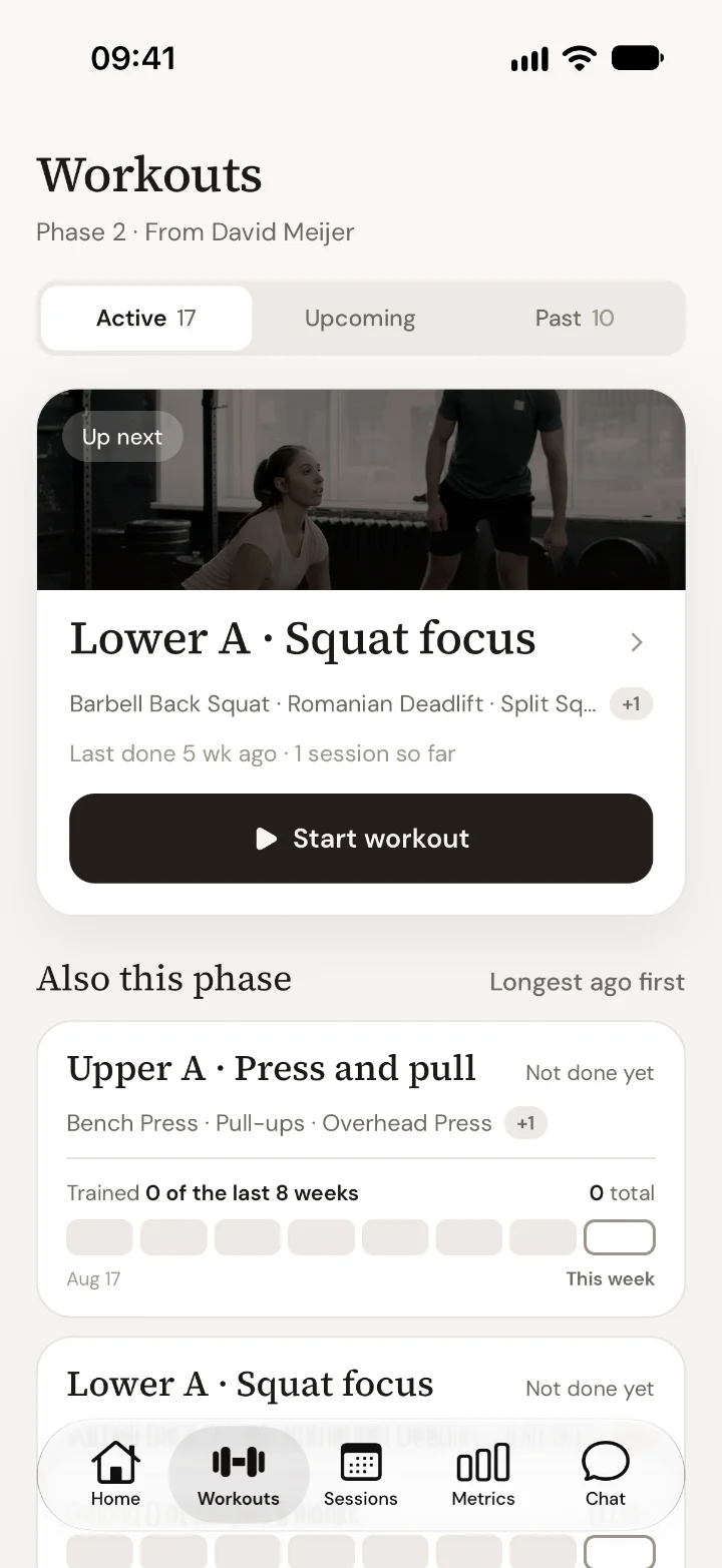 The Workouts screen with the current phase from your coach and the next workout at the top.