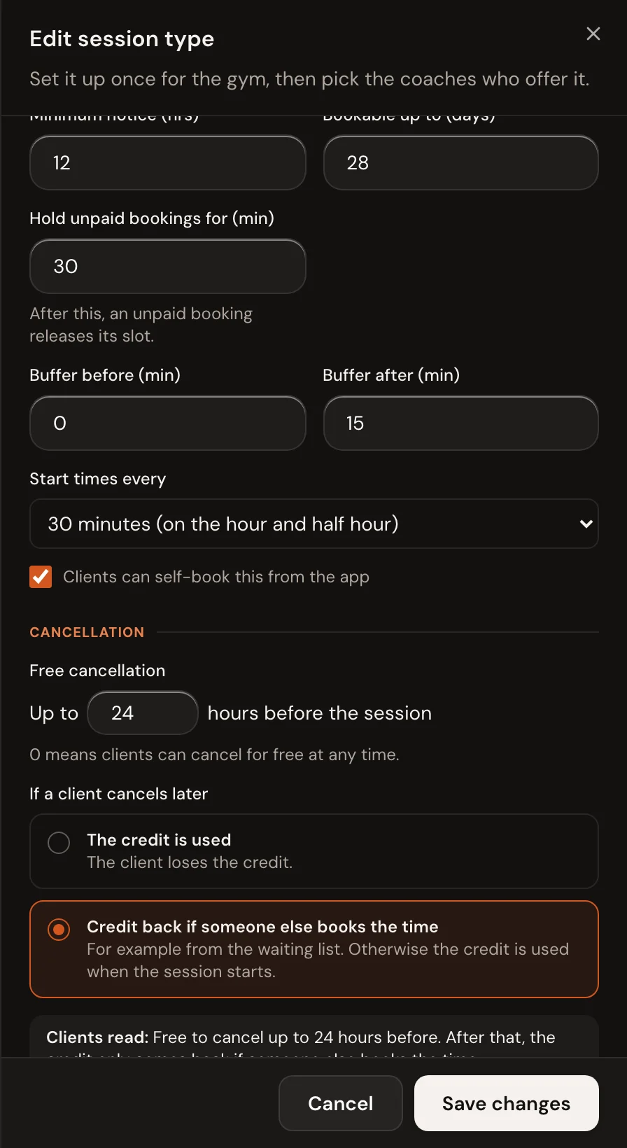 The Cancellation section of a session type: free cancellation up to 24 hours before, then credit back only if someone else books the time.