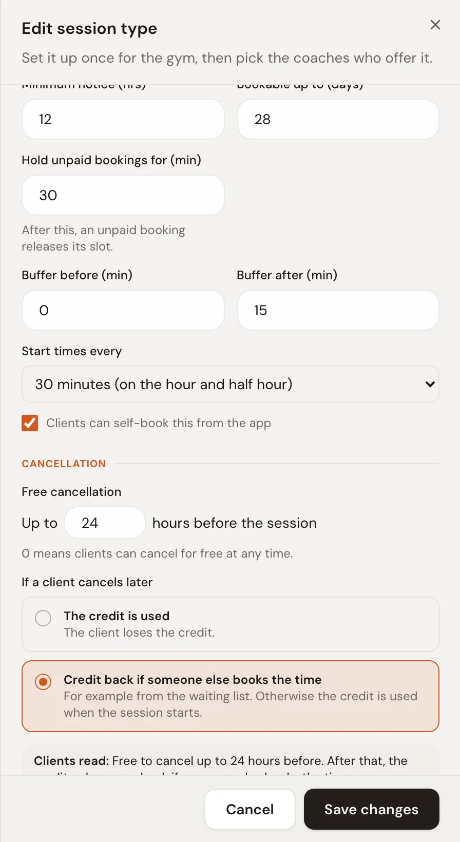 The Cancellation section of a session type: free cancellation up to 24 hours before, then credit back only if someone else books the time.