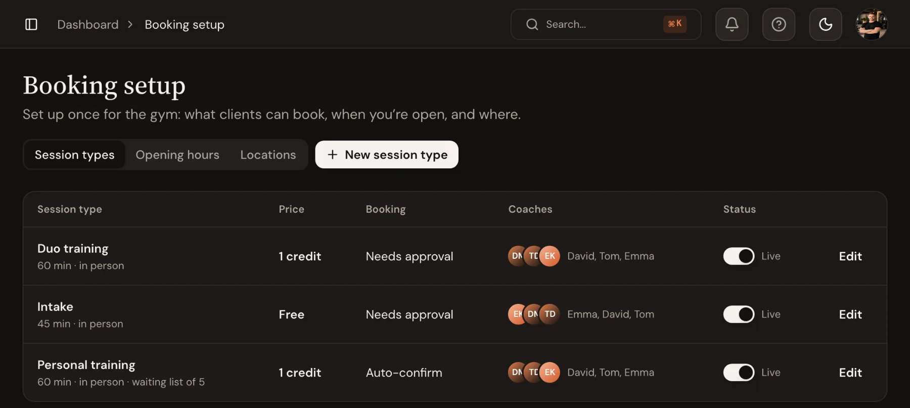 Booking setup in Trainnode with three session types: Duo training, Intake and Personal training, each with price, booking style and coaches.