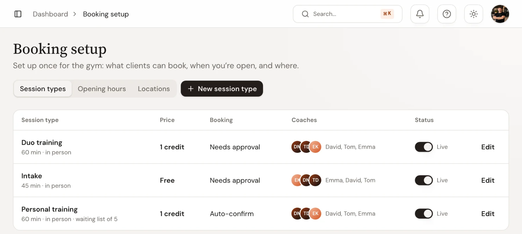 Booking setup in Trainnode with three session types: Duo training, Intake and Personal training, each with price, booking style and coaches.