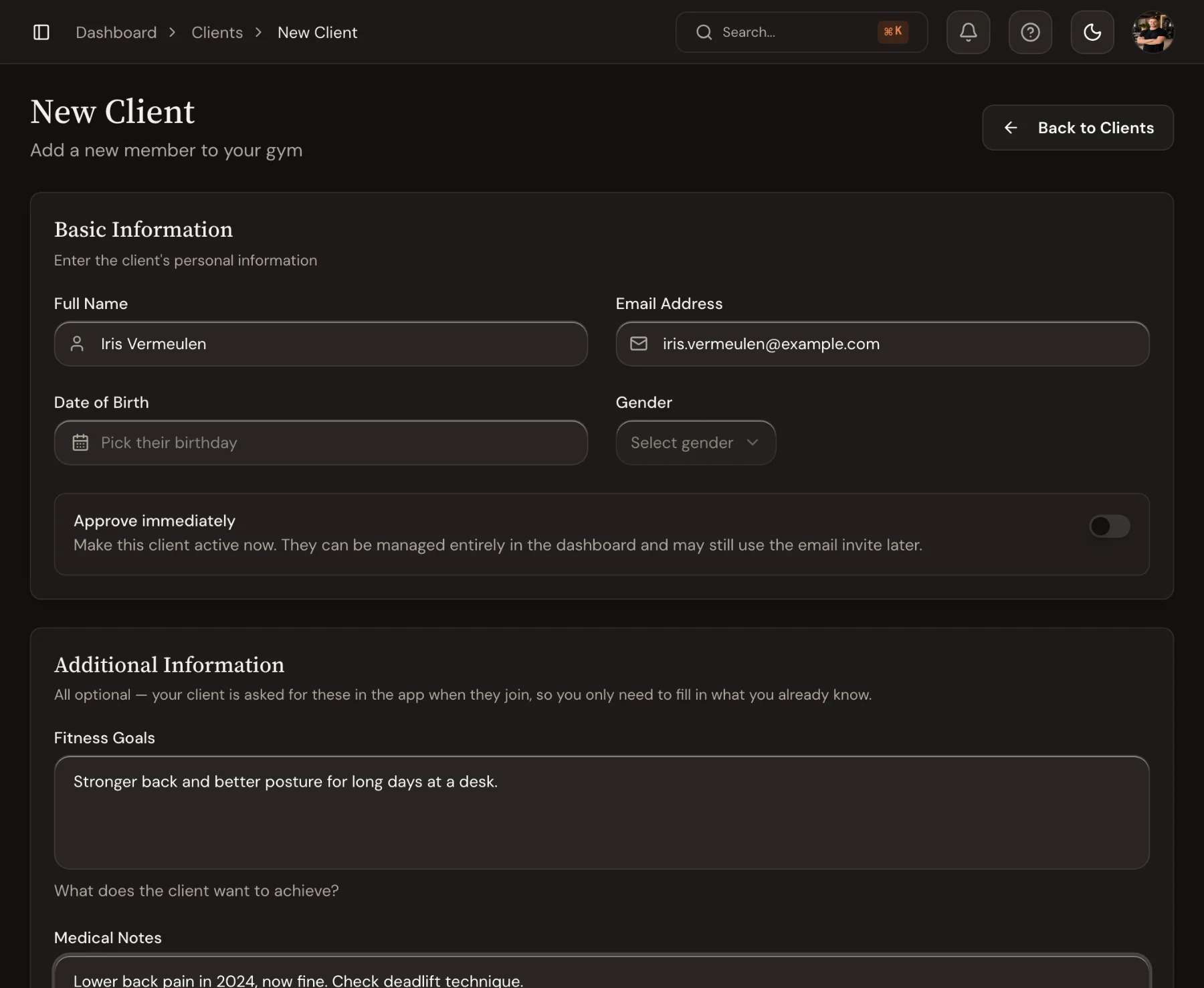 The New client form in Trainnode with Iris Vermeulen's details, fitness goals and medical notes.