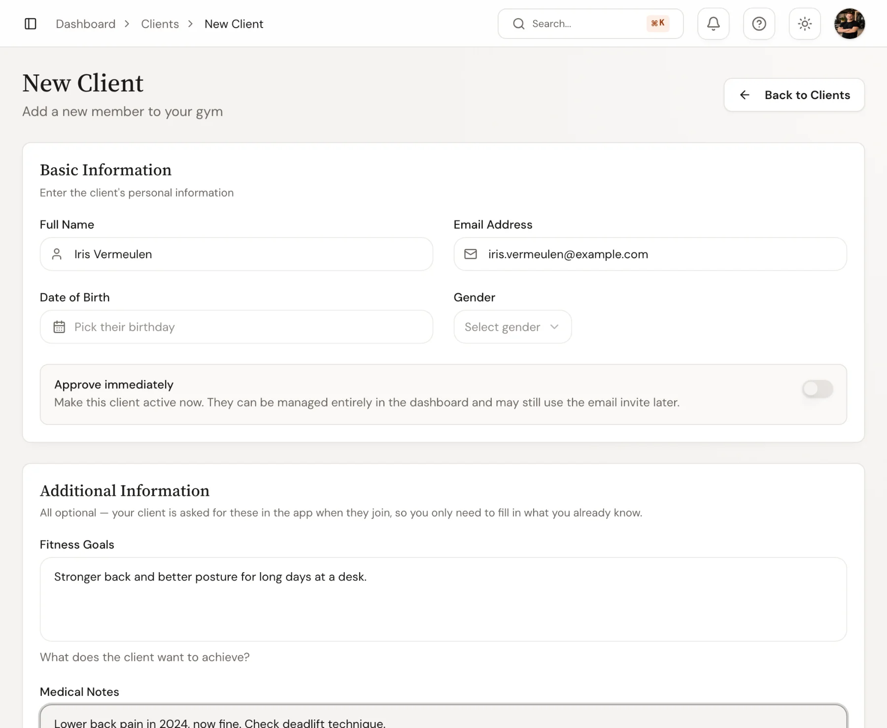 The New client form in Trainnode with Iris Vermeulen's details, fitness goals and medical notes.