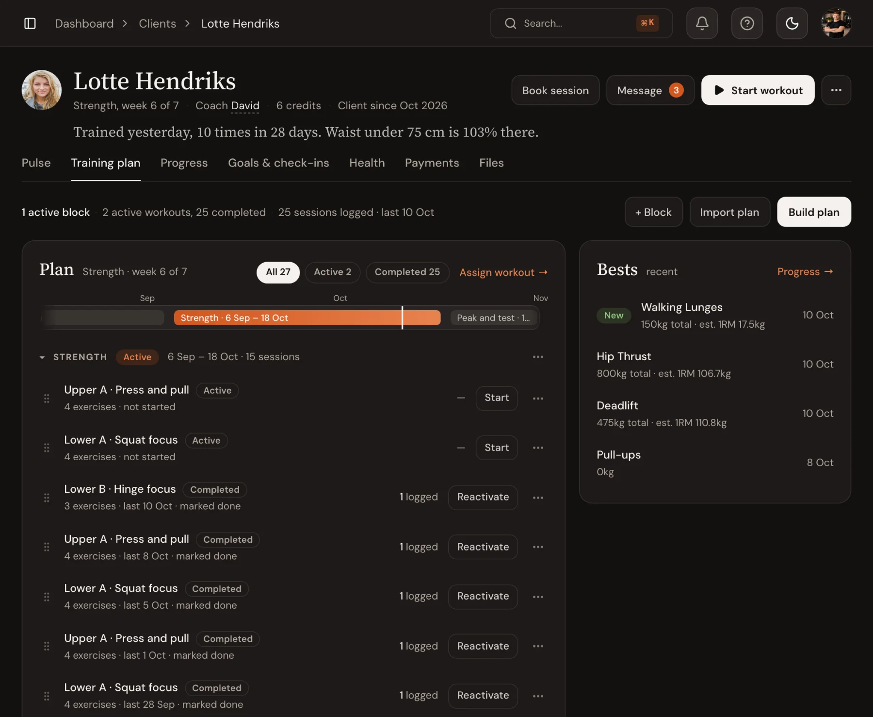 The Training plan tab for Lotte Hendriks in Trainnode, with her current phase, workouts and the Build plan button.