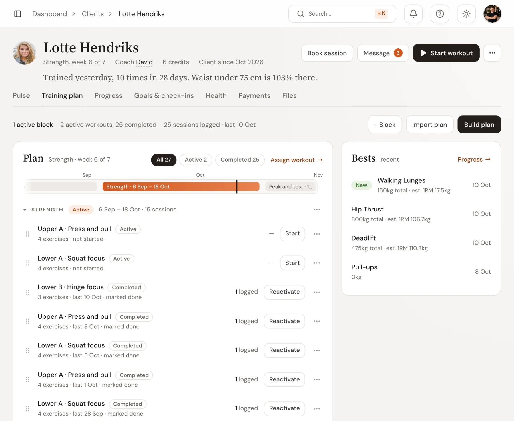 The Training plan tab for Lotte Hendriks in Trainnode, with her current phase, workouts and the Build plan button.