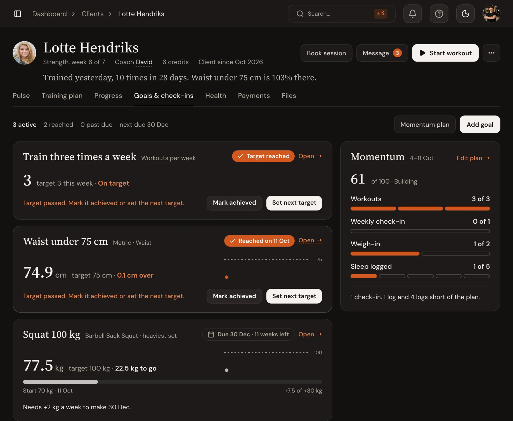 Doelen en Momentum van een klant in Trainnode: een Momentum-score van 61 uit 100 op basis van workouts, de wekelijkse check-in, wegen en gelogde slaap, naast haar doelen.