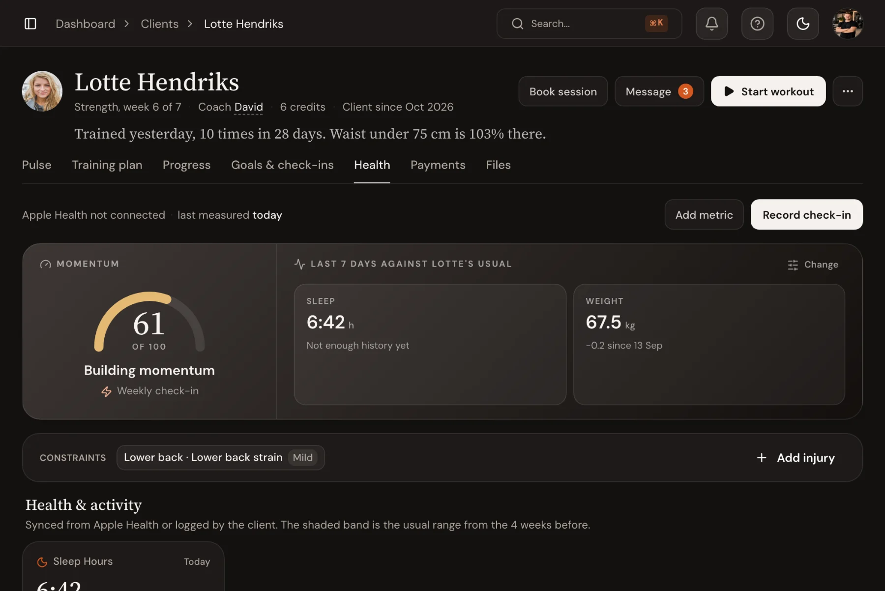 The Health tab in Trainnode: the last seven days of sleep and weight against the client’s usual, a momentum score and a lower back constraint.