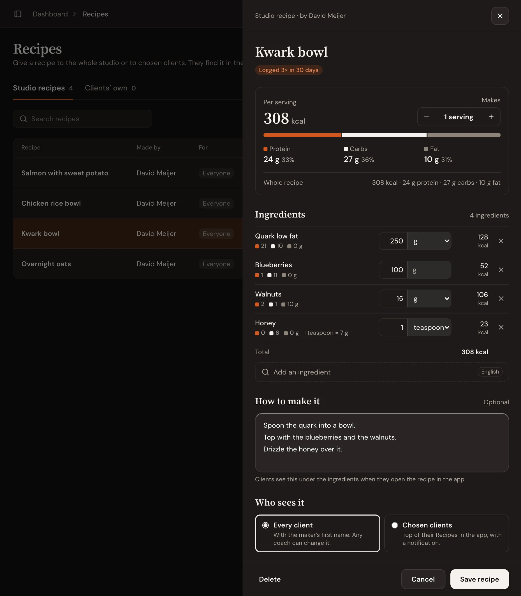 A studio recipe open in Trainnode: Kwark bowl, 308 kcal and 24 g protein per serving, four ingredients, how to make it, and Who sees it set to every client.
