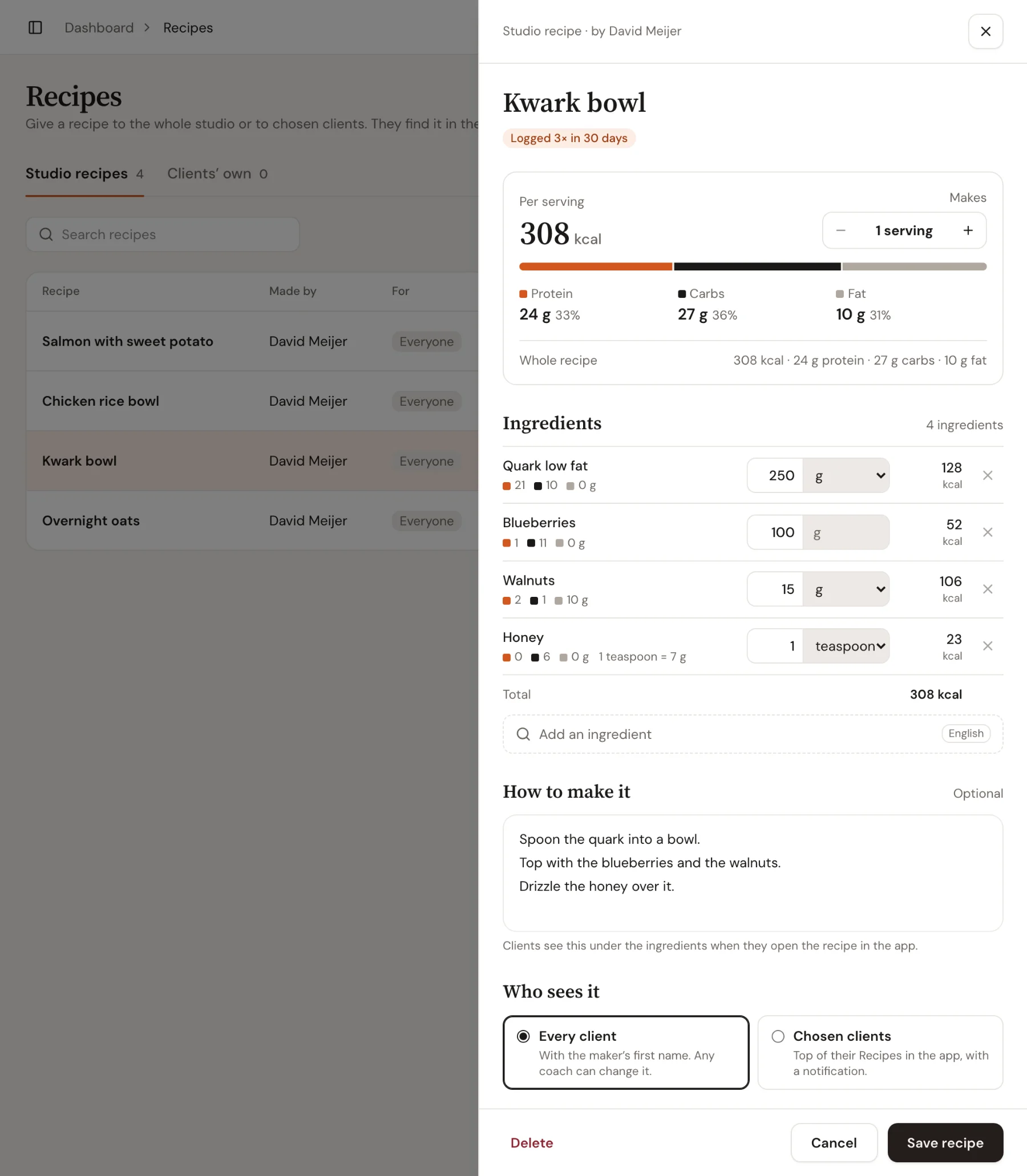 A studio recipe open in Trainnode: Kwark bowl, 308 kcal and 24 g protein per serving, four ingredients, how to make it, and Who sees it set to every client.