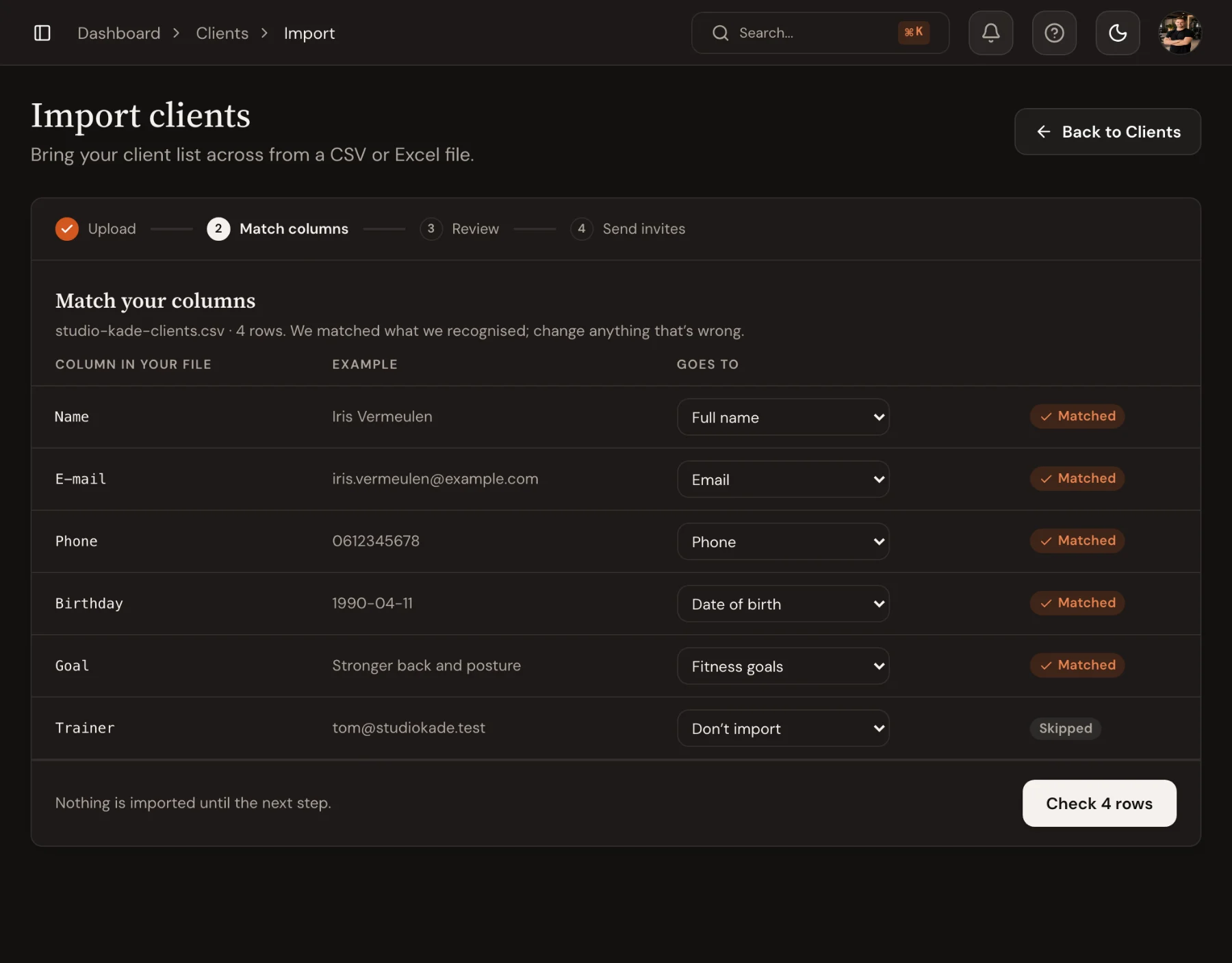 Matching columns in Trainnode: Name to Full name, E-mail to Email, Phone to Phone, Birthday to Date of birth, Goal to Fitness goals, and Trainer left out.