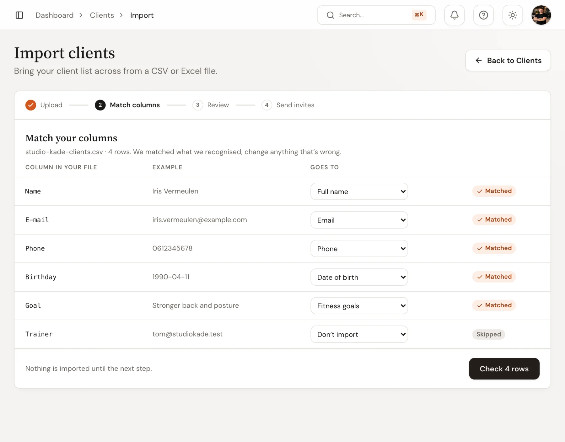 Matching columns in Trainnode: Name to Full name, E-mail to Email, Phone to Phone, Birthday to Date of birth, Goal to Fitness goals, and Trainer left out.
