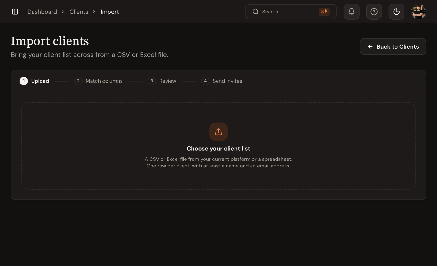 The Import clients page in Trainnode: four steps (Upload, Match columns, Review, Send invites) and a drop zone for the client list.