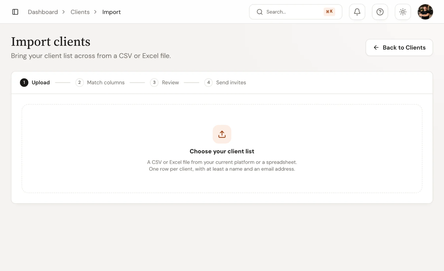 The Import clients page in Trainnode: four steps (Upload, Match columns, Review, Send invites) and a drop zone for the client list.