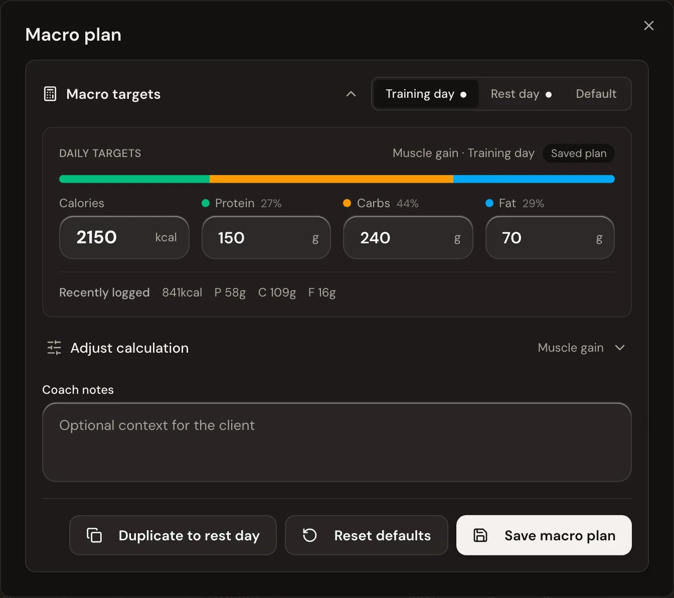The macro plan for Noor in Trainnode: training-day targets of 2,150 kcal, 150 g protein, 240 g carbs and 70 g fat, with tabs for rest day and default.