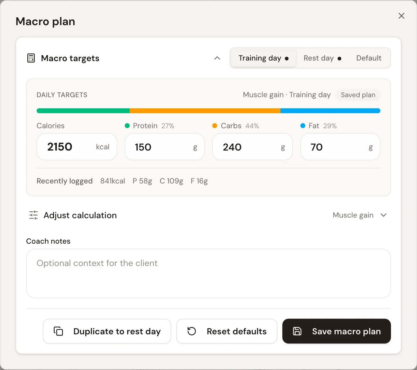 The macro plan for Noor in Trainnode: training-day targets of 2,150 kcal, 150 g protein, 240 g carbs and 70 g fat, with tabs for rest day and default.