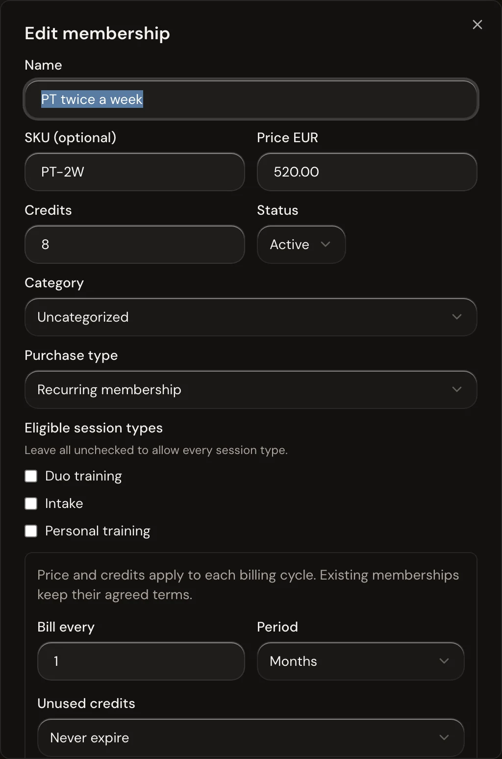 Editing a recurring membership in Trainnode: PT twice a week, €520, 8 credits each month.