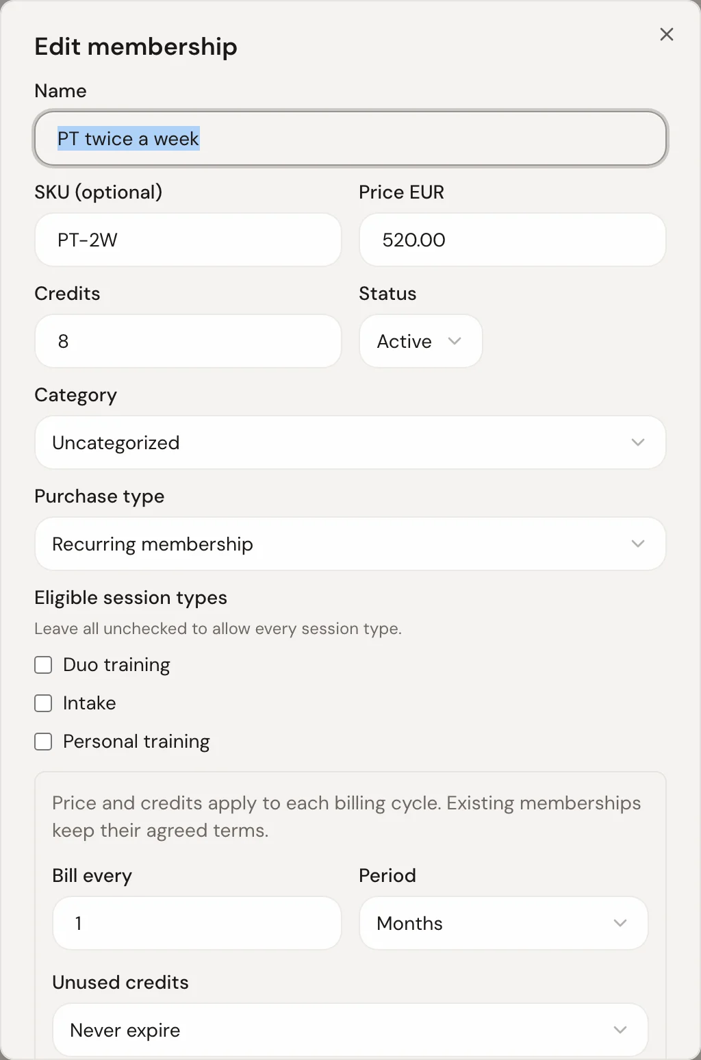 Editing a recurring membership in Trainnode: PT twice a week, €520, 8 credits each month.