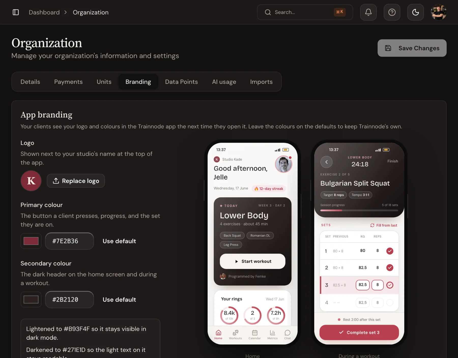 Branding settings in Trainnode: a studio logo, a primary and a secondary colour, and a live preview of the client app in those colours.