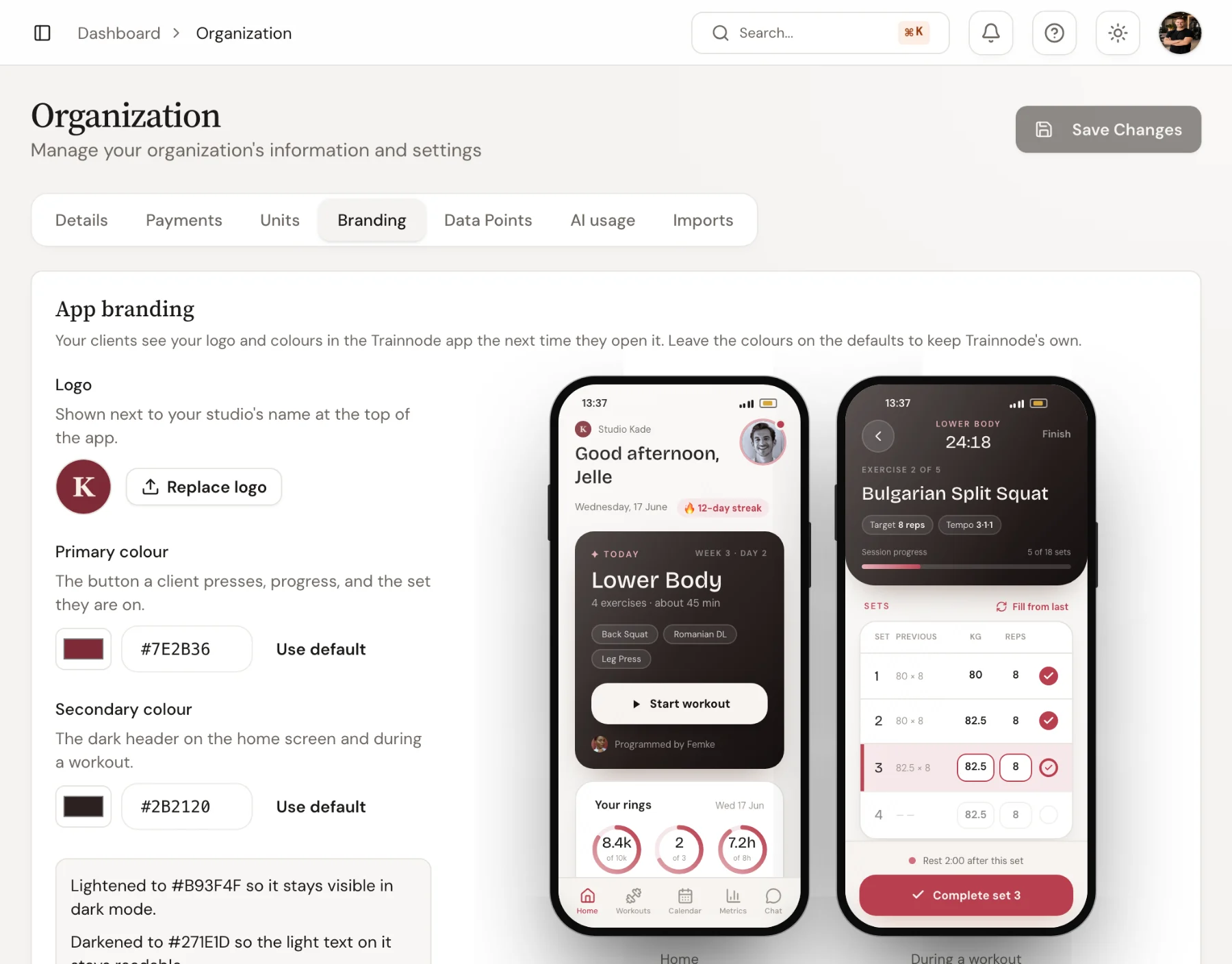 Branding settings in Trainnode: a studio logo, a primary and a secondary colour, and a live preview of the client app in those colours.