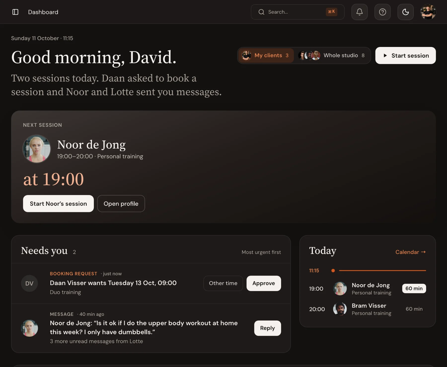 The Trainnode overview for a coach: the next session at 19:00 and a Needs you list with a booking request and a client message waiting for a reply.