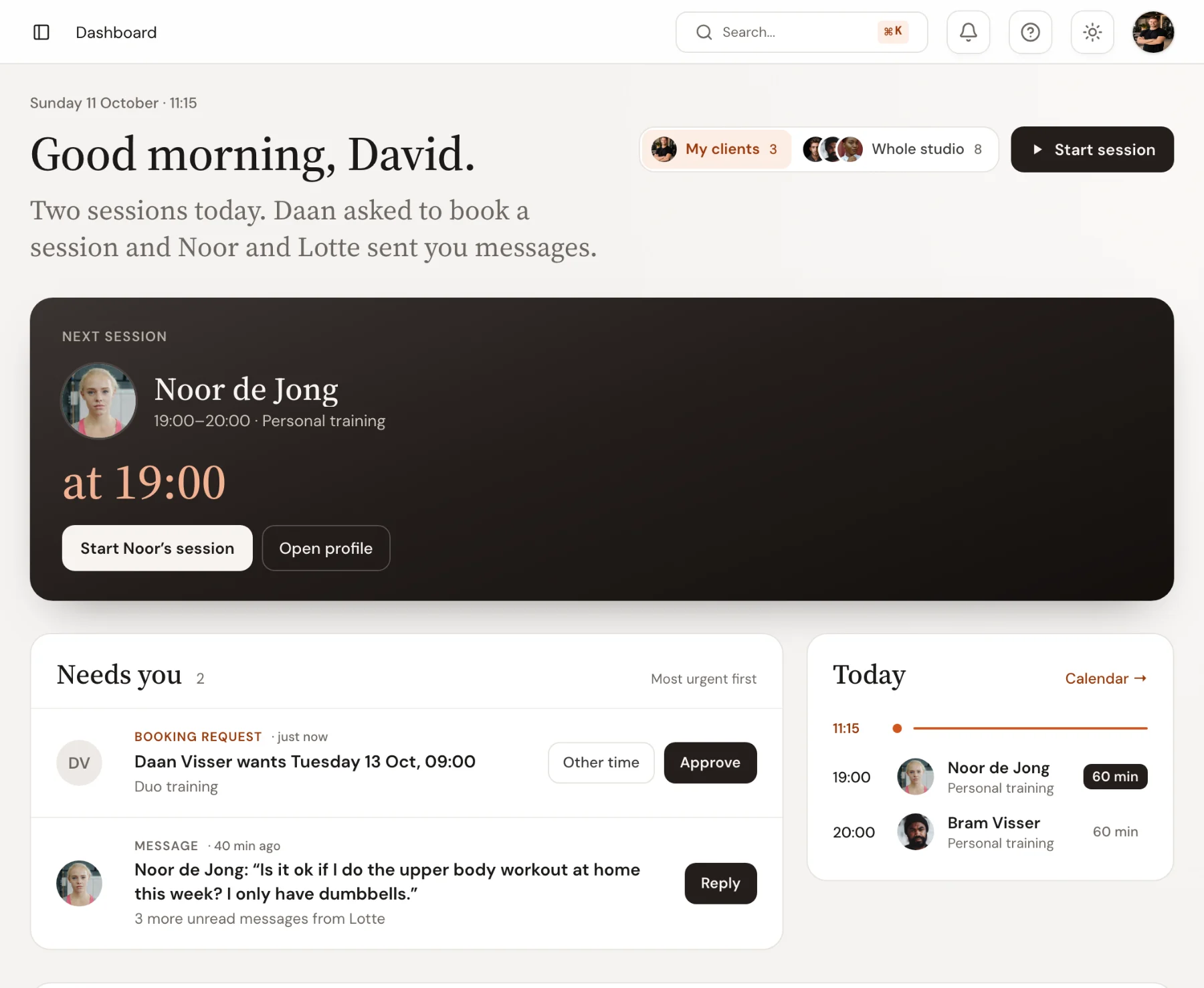 The Trainnode overview for a coach: the next session at 19:00 and a Needs you list with a booking request and a client message waiting for a reply.