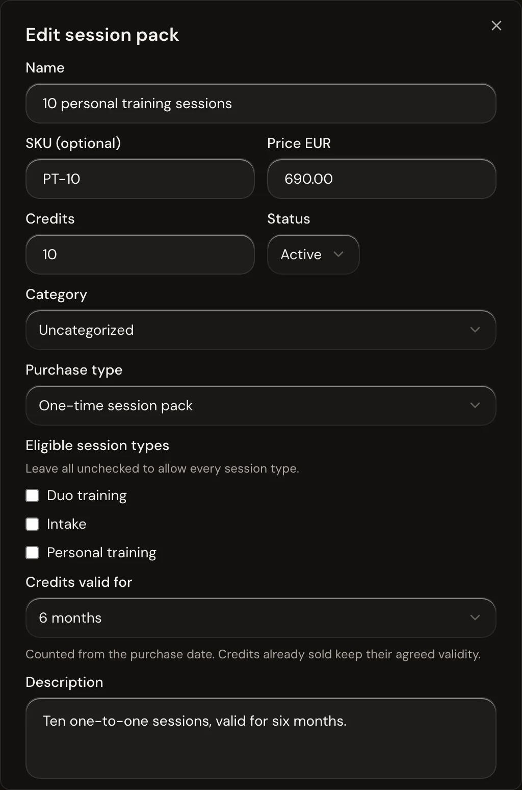 Editing a session pack in Trainnode: 10 personal training sessions, €690, 10 credits, valid for 6 months.