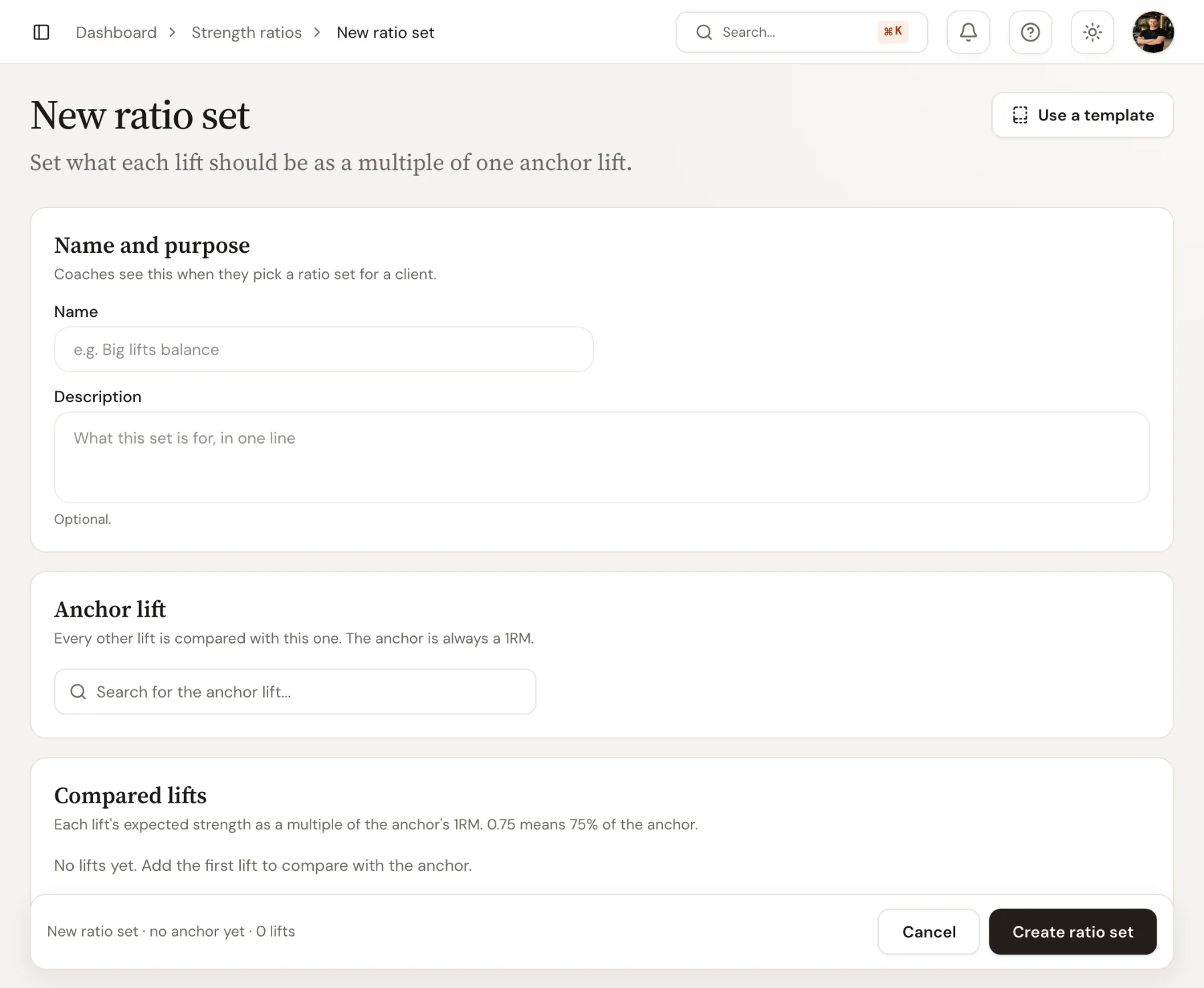 A new ratio set in Trainnode, with sections for name and purpose, the anchor lift and the lifts to compare.