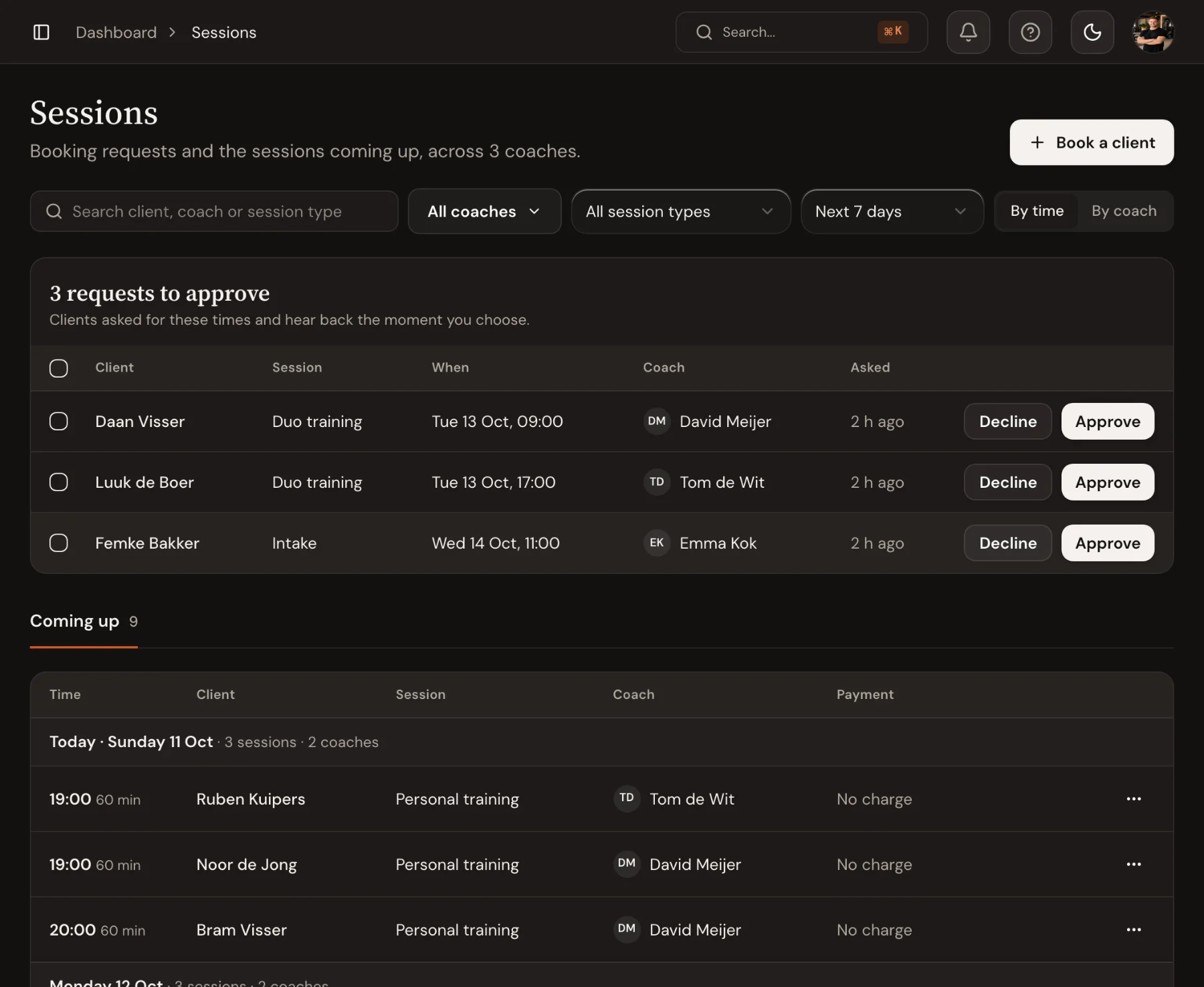 The Sessions page in Trainnode with two booking requests waiting for approval, each with Decline and Approve buttons.