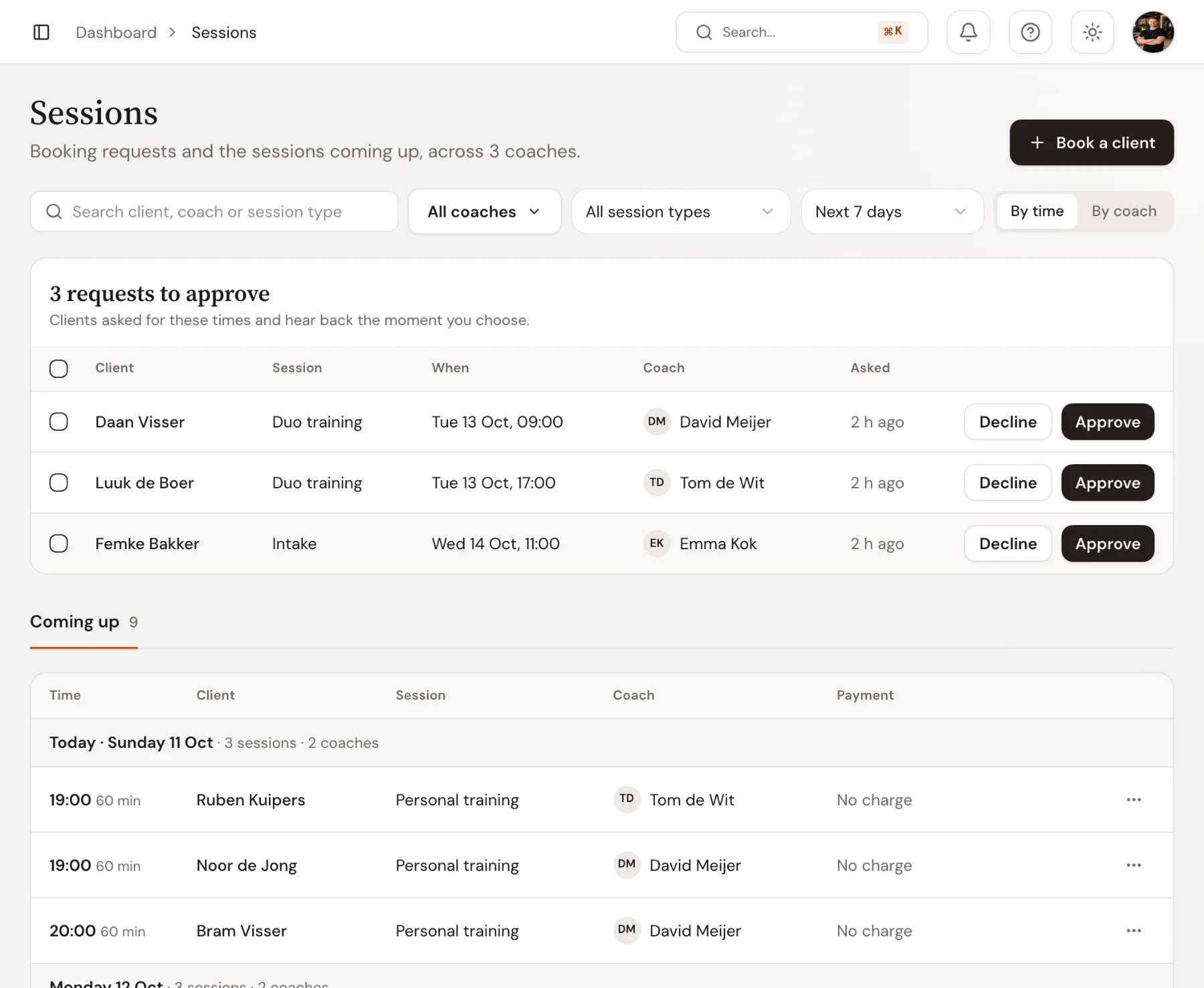 The Sessions page in Trainnode with two booking requests waiting for approval, each with Decline and Approve buttons.