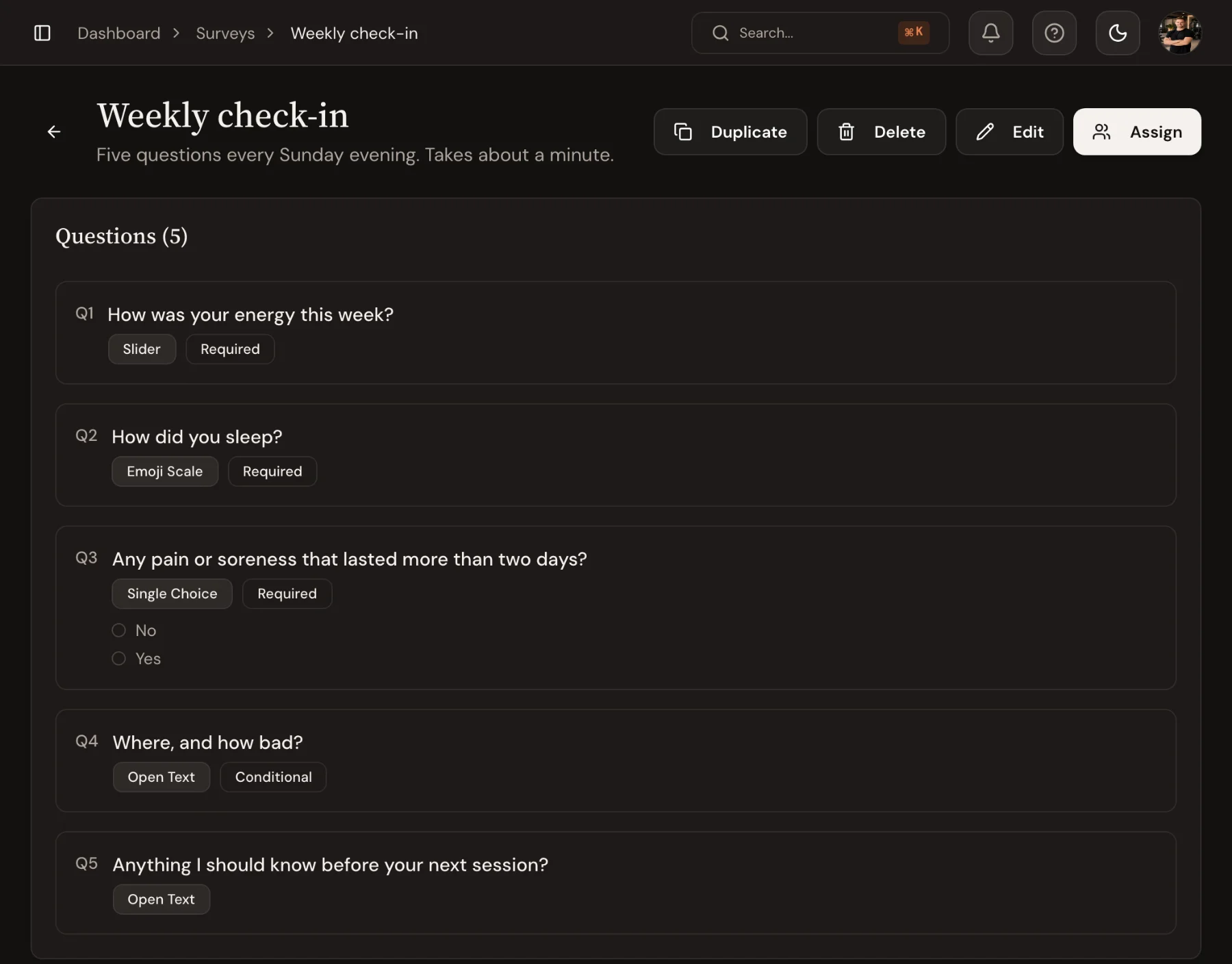 The Weekly check-in survey in Trainnode, with five questions: an energy slider, a sleep emoji scale, a yes or no question with a conditional follow-up and two open questions.