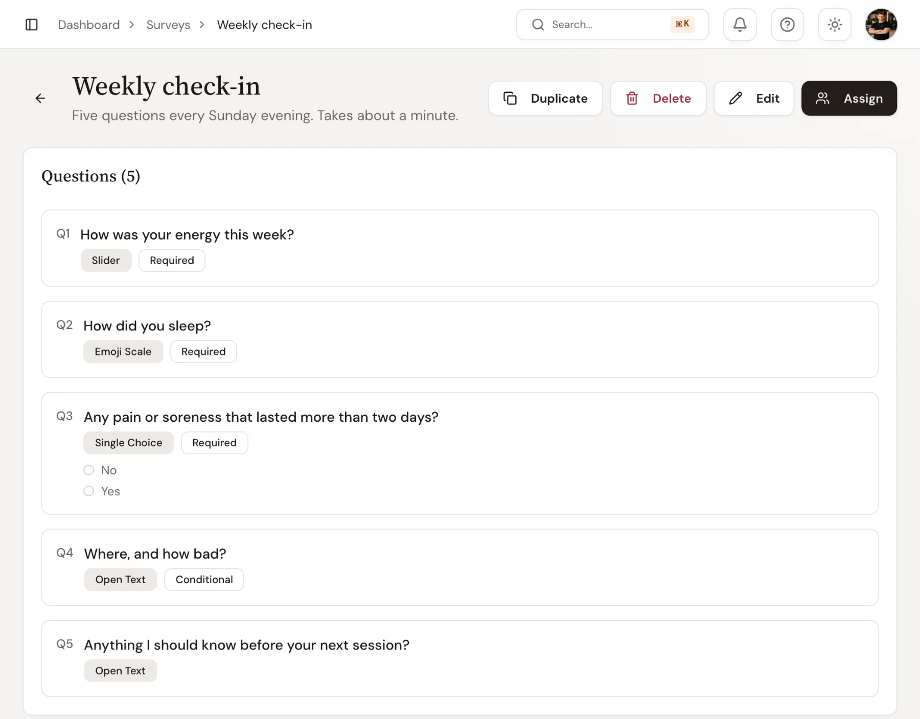 The Weekly check-in survey in Trainnode, with five questions: an energy slider, a sleep emoji scale, a yes or no question with a conditional follow-up and two open questions.