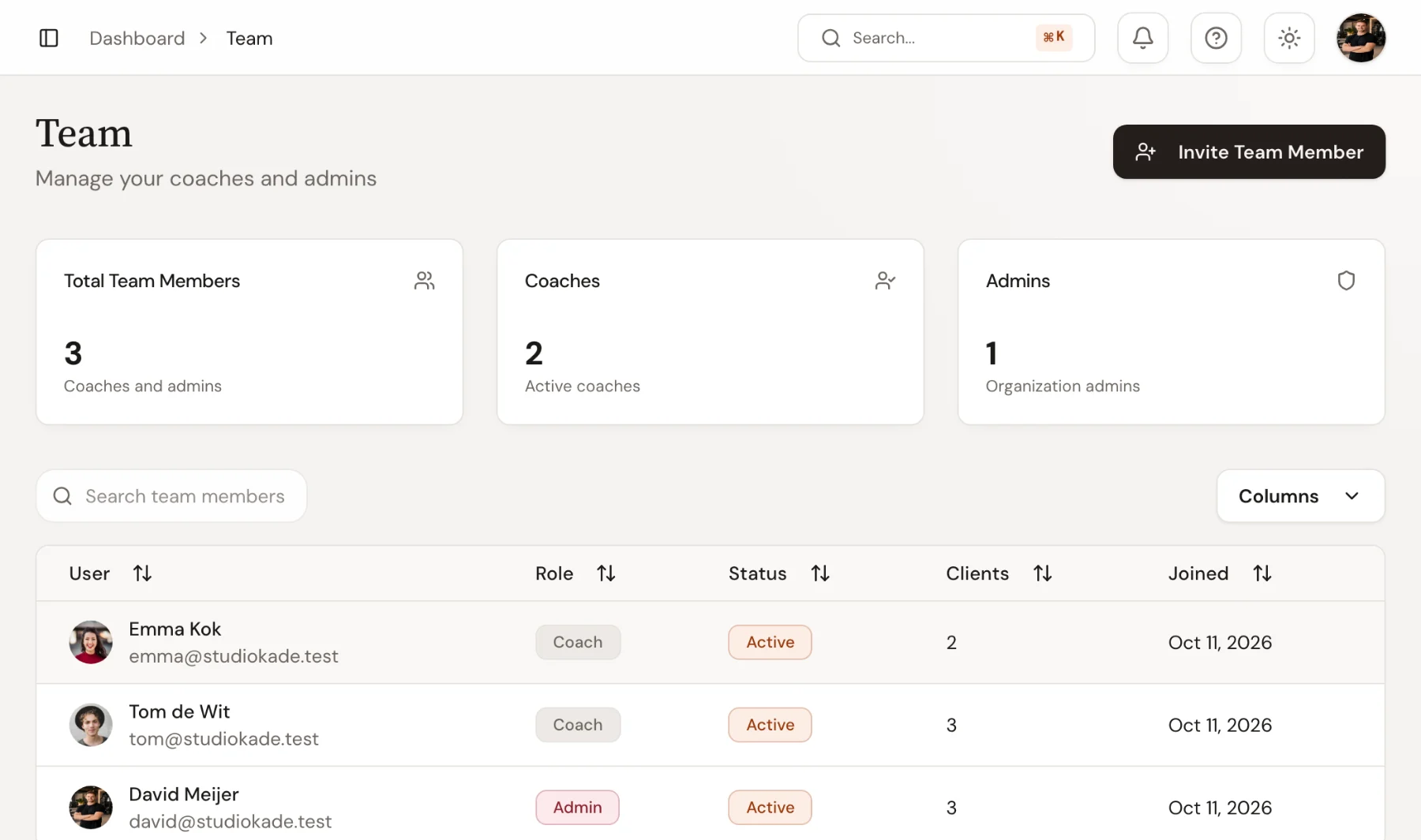 The Trainnode team page for Studio Kade listing David Meijer as admin and Tom de Wit and Emma Kok as coaches, with the number of clients each one coaches.