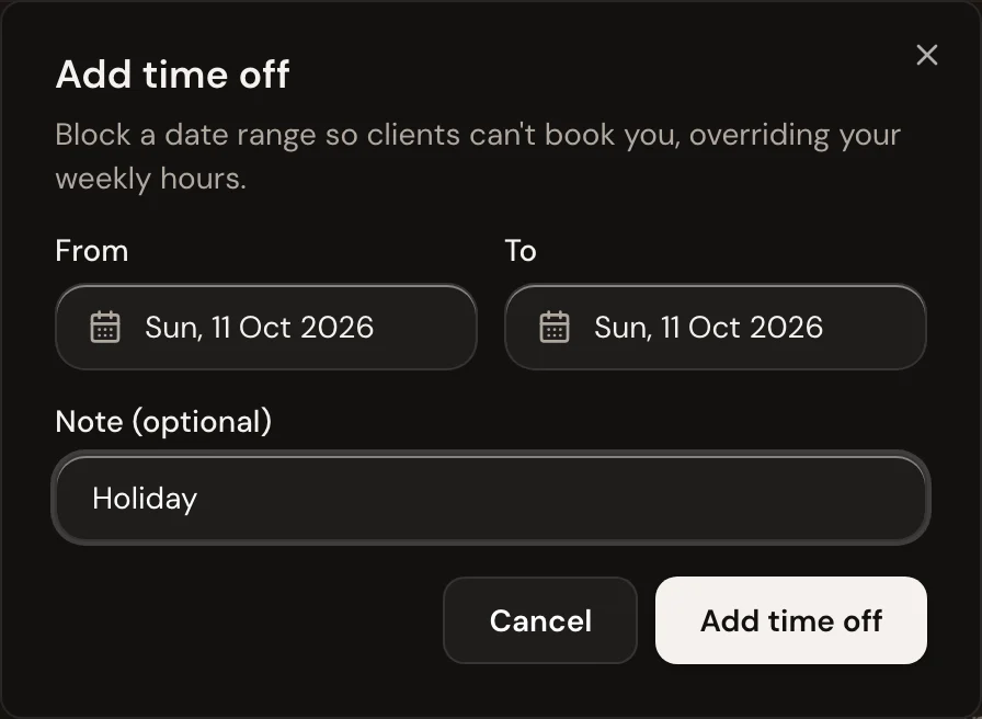 The Add time off dialog: a from date, a to date and an optional note.
