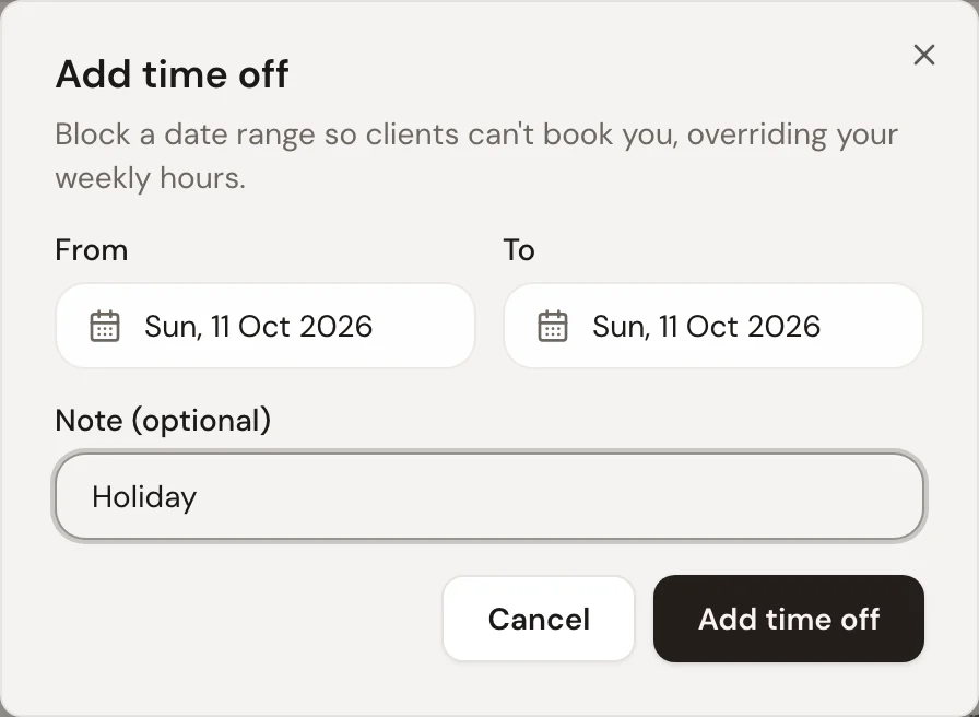 The Add time off dialog: a from date, a to date and an optional note.